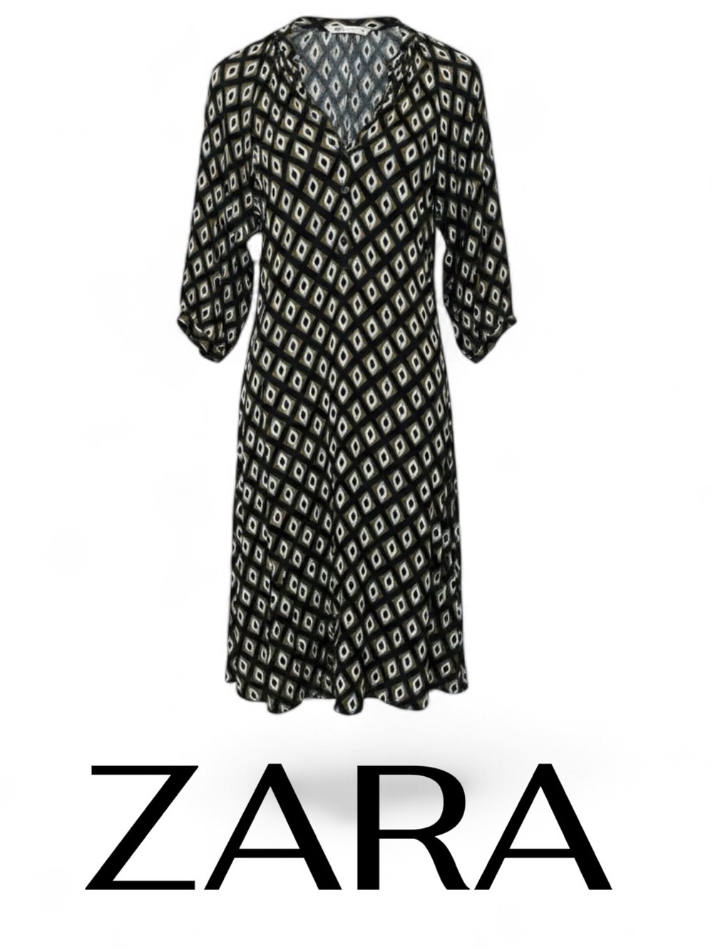 ZARA Black Geometric V-Neck Midi Dress